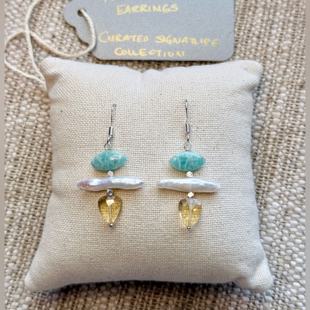 Pita Dewar Amazonite, Pearl & Citrine Drop Earrings - Aqua, White & Yellow